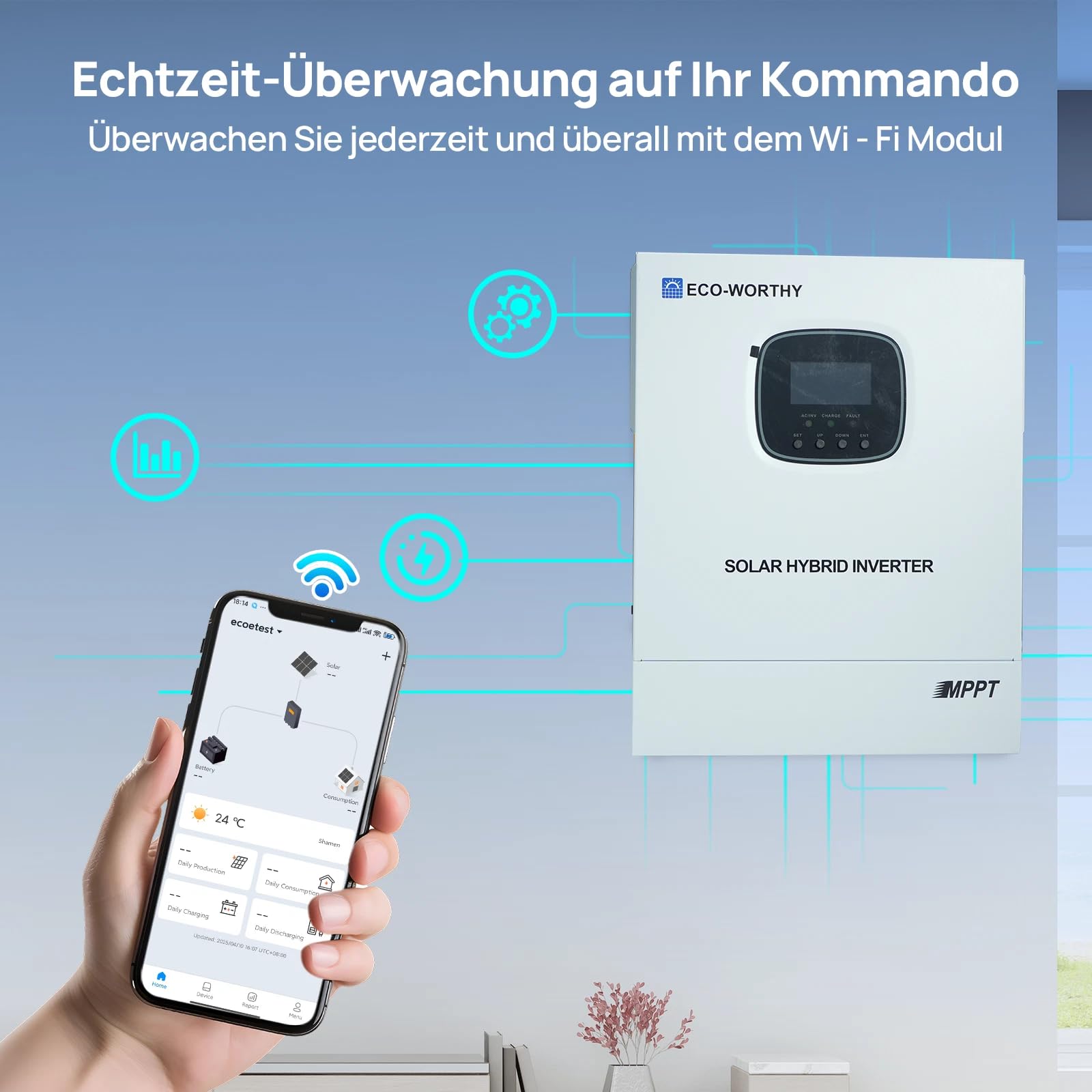 ECO-WORTHY 48V 3000W Hybrid Wechselrichter Reiner Sinus+ MPPT 60A DC zu 220V/230V AC Solarladeregler für Netzunabhängiger Wohnmobil Haushalt komplett Solaranlage