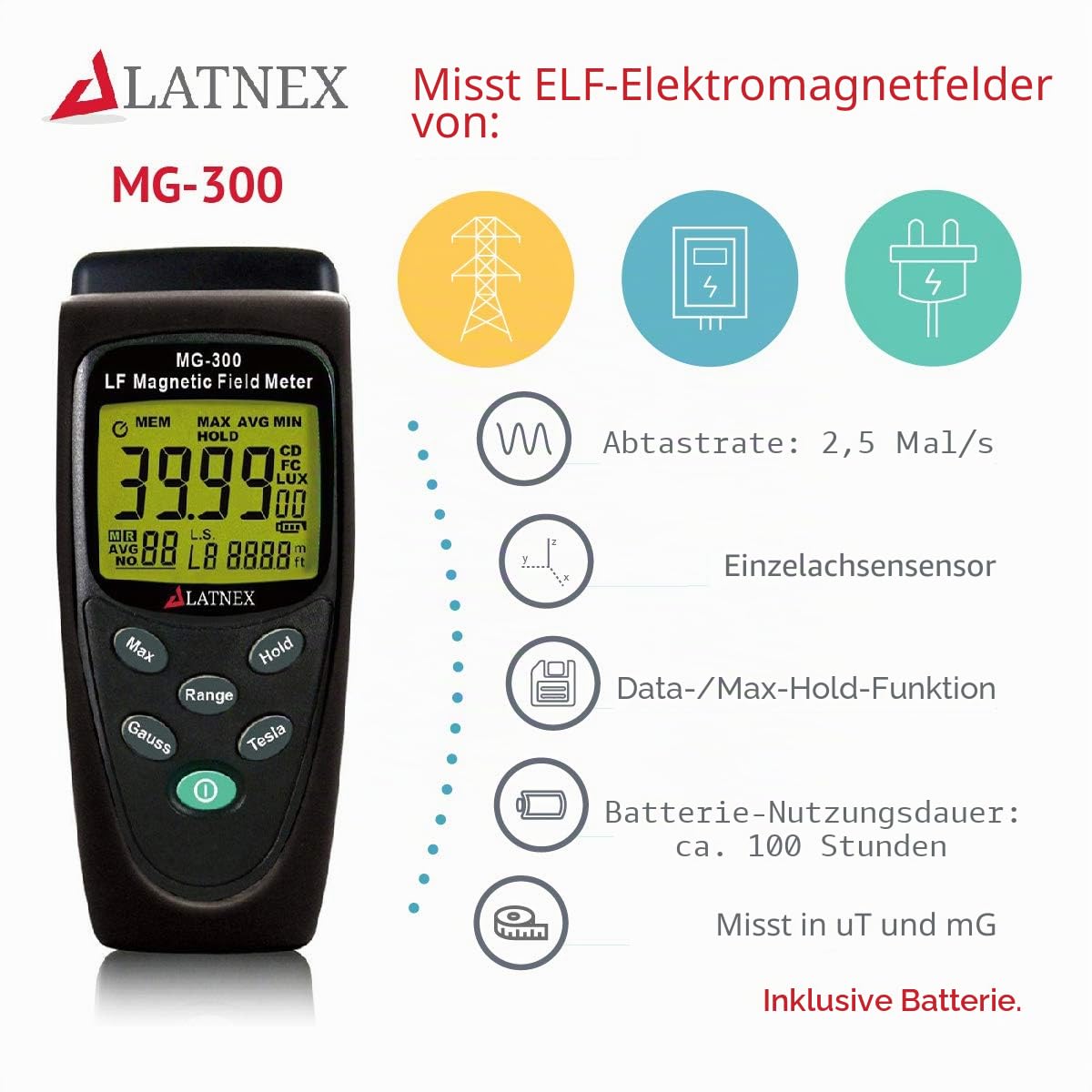 LATNEX MG-300 LF Magnetfeldmessgerät, misst EMF von Hochleistungsübertragungsleitungen, Geräten und elektrischen Leitungen – perfekt für EMF-Hausinspektionen