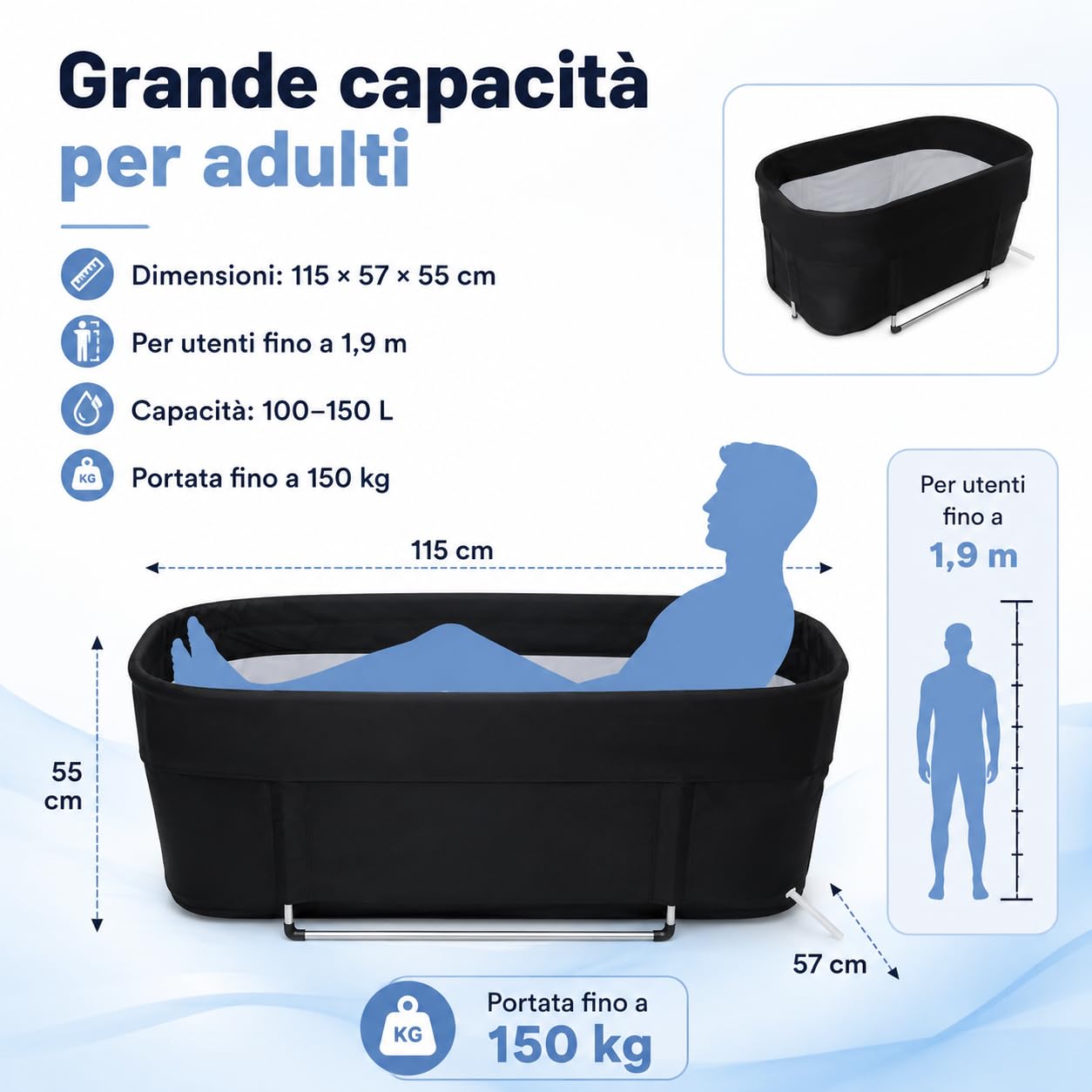 Przenośna wanna, składana, do 150 kg, przenośna kąpiel dla dorosłych od 100 do 150 l, kompaktowa wanna dla niemowląt, składana wanna do 1,9 m, odpływ 20 mm, torba do przenoszenia, do ogrodu, na