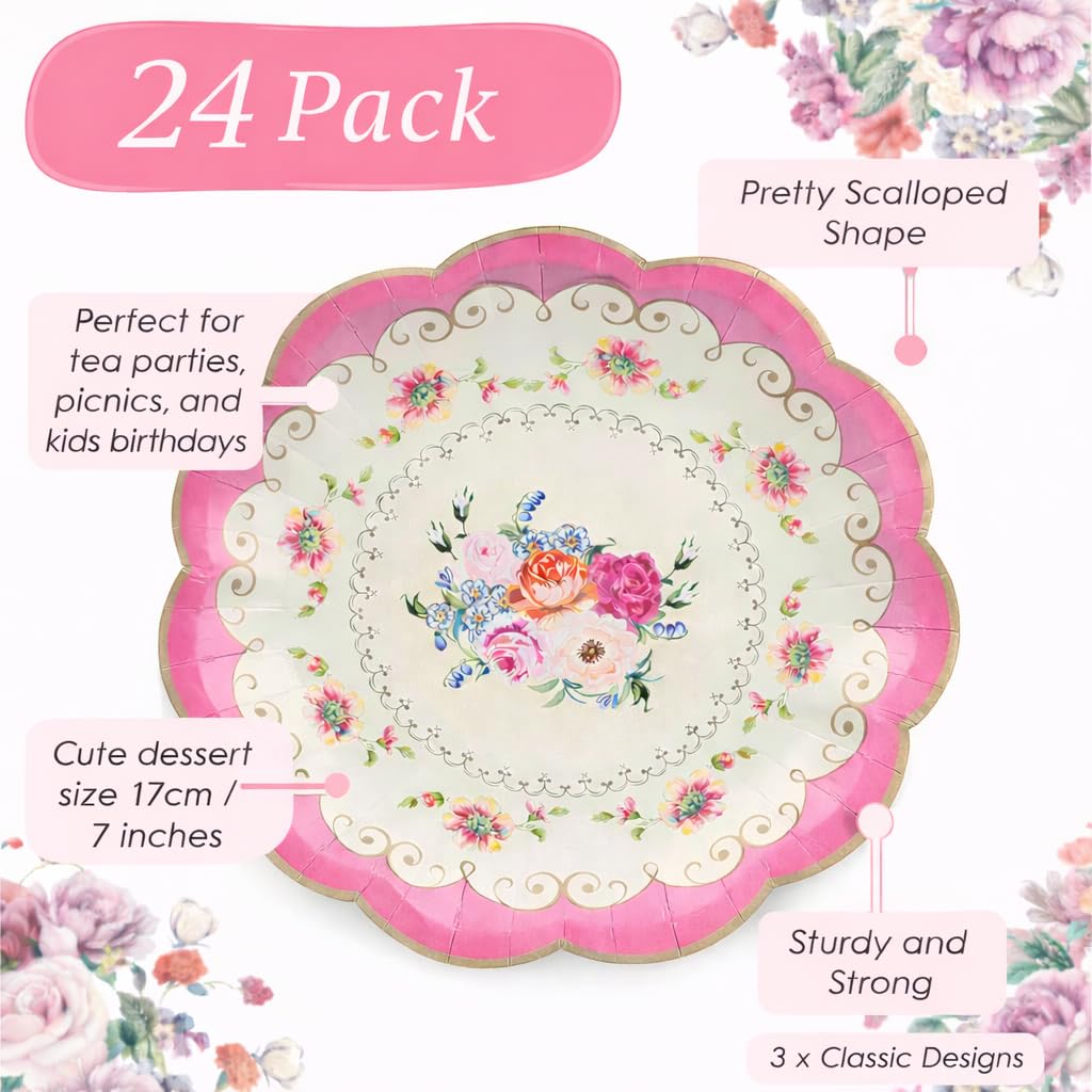 Talking Tables Vintage kwiatowe popołudniowe talerze na przyjęcie herbaciane naprawdę przepyszna jednorazowa zastawa stołowa na urodziny, przyjęcie w ogrodzie, baby shower, różowy, TS3 PLATE24, 17