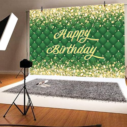 Image of Birthday Decorations Backdrop 8 x 6 ft Green Golden Happy Birthday Banner Large Birthday Party Background for Men Women Kids Photo Shoot Supplies (Green-Birthday, 8 * 6 ft)