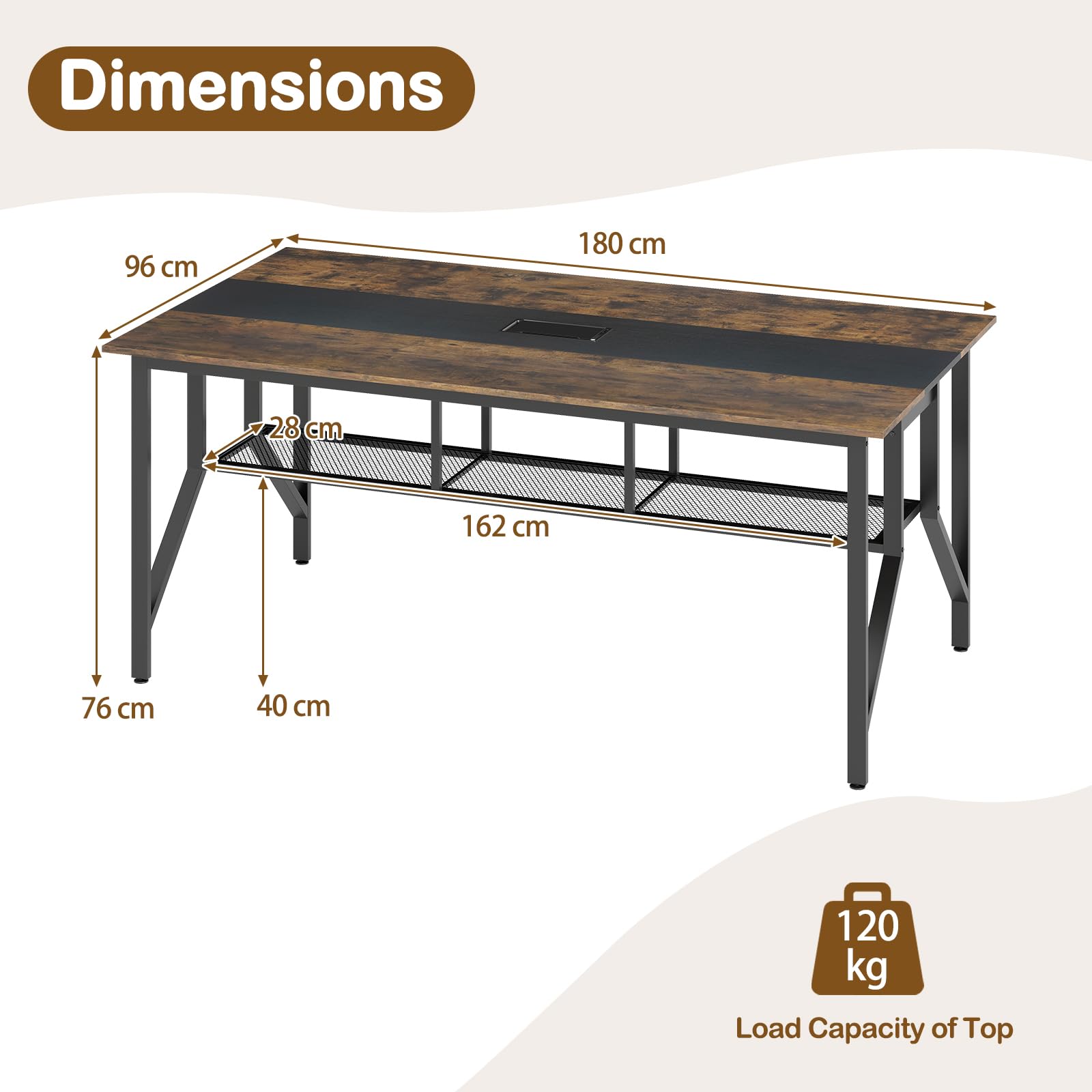 GIANTEX Table de Conférence, Grande Table de Réunion Rectangulaire pour 6 à 8 Personnes, avec Passe-Câbles et Étagère de Rangement, Poste de Travail pour Salle de Réunion, Bureau, 180 x 96 x 76 cm