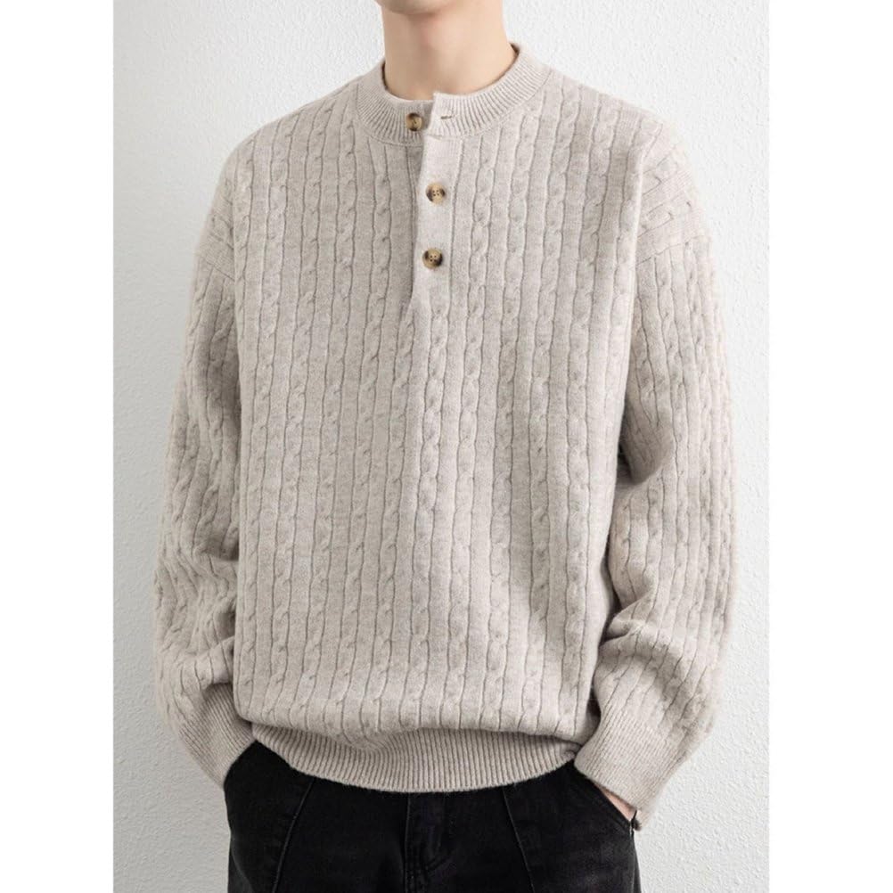 Pull Décontracté En Tricot Texturé À Col Boutonné Pour Homme Couleur Unie Manches Longues Ample