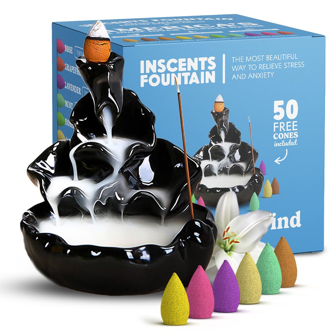 Inscents Fountain Ceramic Incense Holder Cone Burner with Backflow Design Ornament Home Decor, Aromatherapy Decoration for Spa Office Bedroom and Yoga +50 pcs Essential Scented Incense Cones