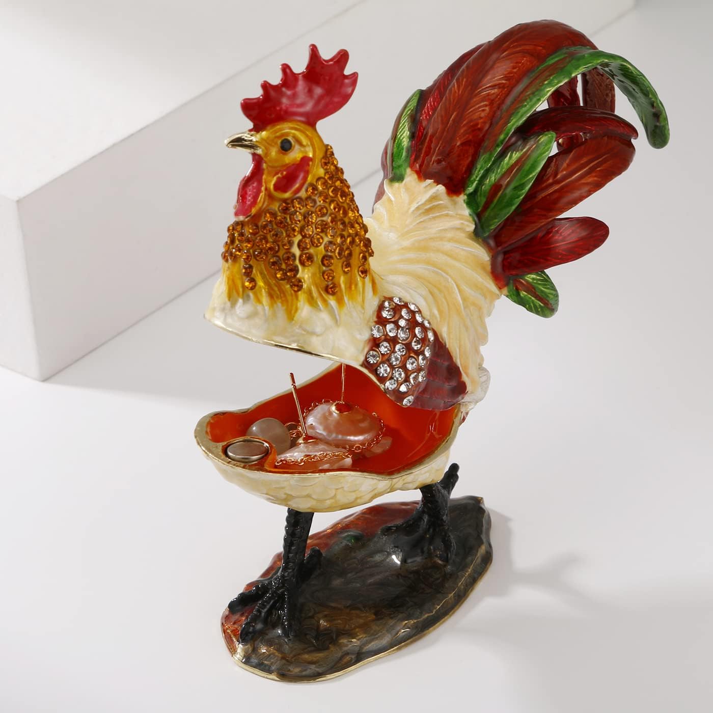 Hand Painted Enamel Hinged Trinket Box, Unique Mini Ring Necklace Jewelry Organizer, Classical Antique Bejeweled Storage, Figurine Collectible Keepsake Home Decor (Rooster)