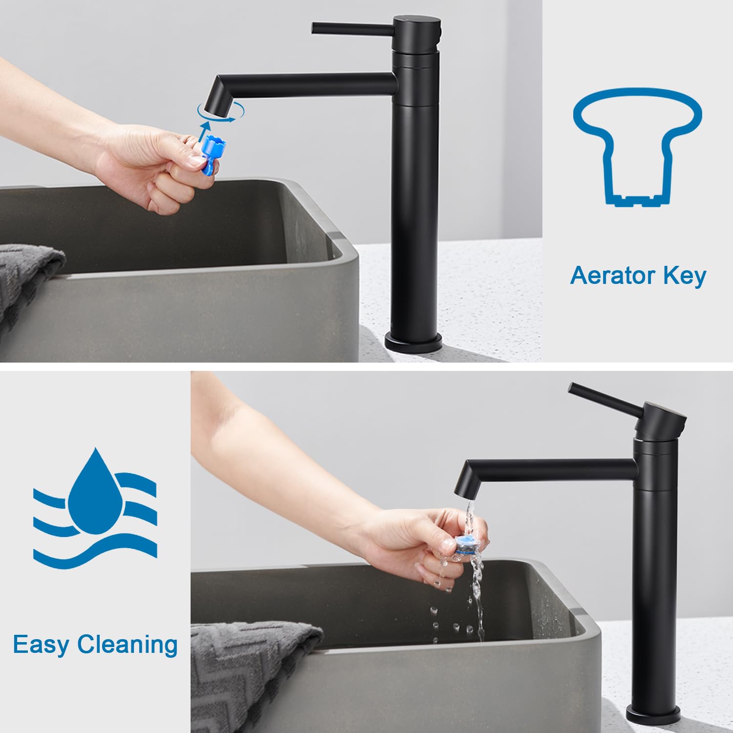 Waschtischarmatur Hoch, Wasserhahn Bad Waschtisch Armatur mit Auslauf Höhe 204 mm Aufsatzbecken Wasserhahn 360° Schwenkbar Einhebelmischer Matt Schwarz