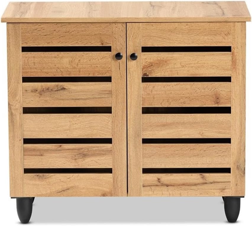 BOWERY HILL Oak Brown Finished Wood Shoe Storage Cabinet, 2-Door Design, 26.3" H x 30" W x 13.1" D, Ventilated Slatted Doors, 3 Shelves Hold 9 Pairs, Anti-Topple Kit Included, Entryway or Closet