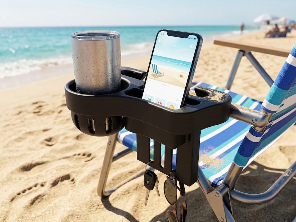 Beach Chair Cup Holder with Phone Slot, Clip-On Armrest Organizer for Folding Chairs, Multi-Functional Drink Holder with Storage Hole, Outdoor Chair Accessory for Camping, Beach, Picnic image 2