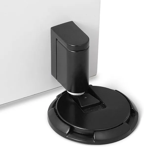 SAILANKA Windproof Door Stopper Indoor Heavy Duty Floor Door Stop Keep Door Open Mechanical No Drilling Door Stopper with Screws and 3M Adhesive, 1 Pack, Matt Black