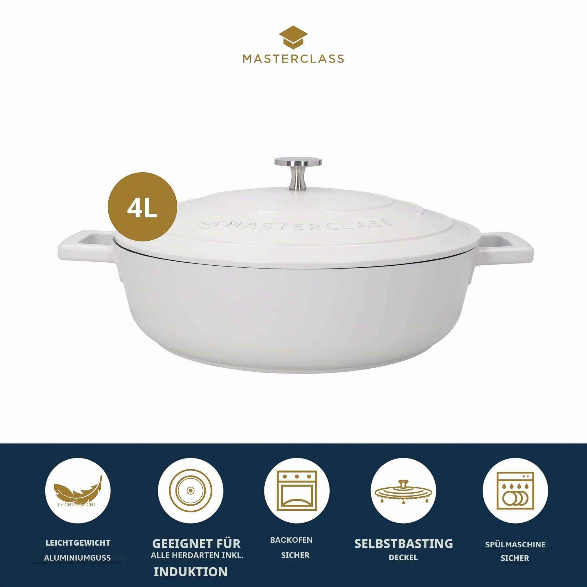 MasterClass Flache Auflaufform mit Deckel, Herd-zu-Ofen-zu-Tisch-Auflaufform, ultraleicht, optimale Wärmeleitung, 4L, cremefarben, Creme