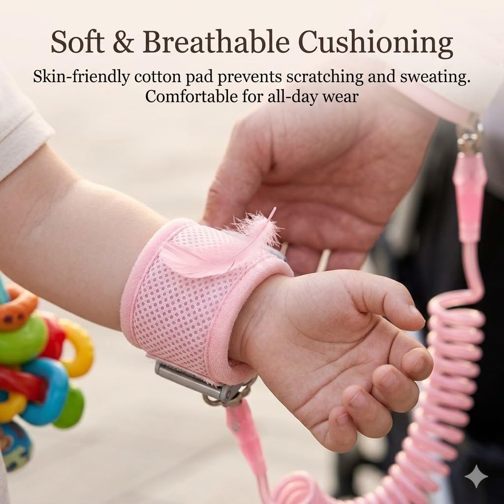 98 inch Retractable Toddler Anti-Lost Wrist Link, Upgraded Safety Leash with Steel Wire, Breathable Padded Wristband for Kids, Child Harness for Walking, Shopping, Travel, Outdoor Activities-Pink — view 5