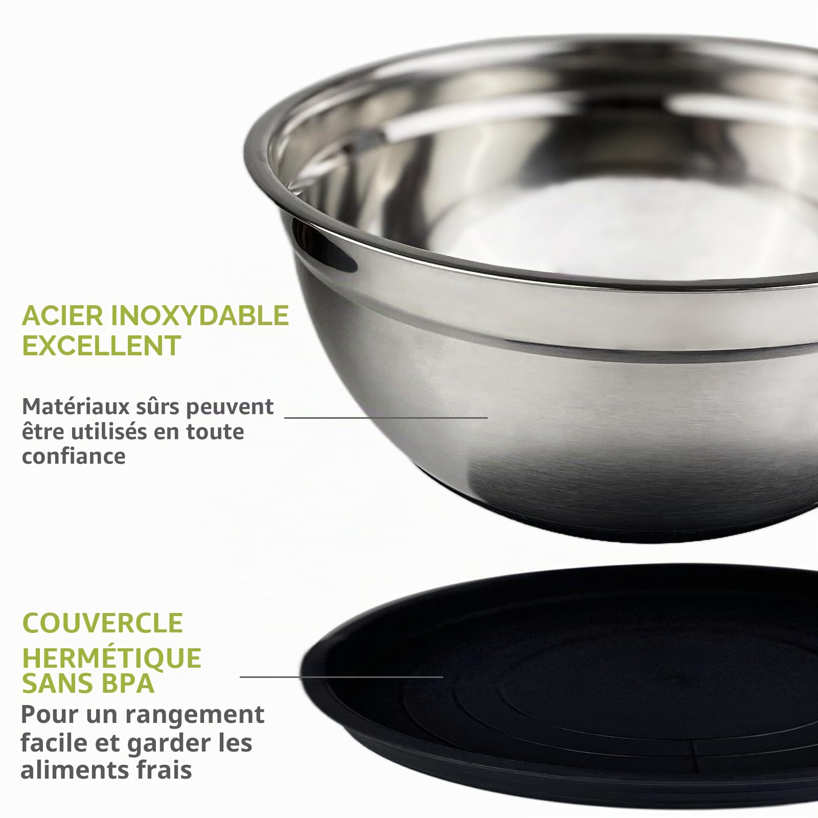 Lot de 5 Cul de Poule Inox avec Couvercle, 1L, 1.5L, 2L, 3L, 4.5L, Bowl de Mélange avec 3 Râpes, Saladier Empilables, AntidéRapant, Résistant, Lavable au Lave Vaisselle, pour Cuisine