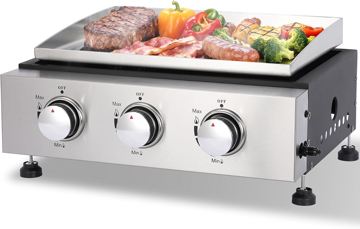 3-Burner Portable Tabletop Gas Griddle Grill with Stainless Steel Cooking Surface - Includes Protective Cover & Regulator, for Camping, Tailgating, Outdoor Cooking