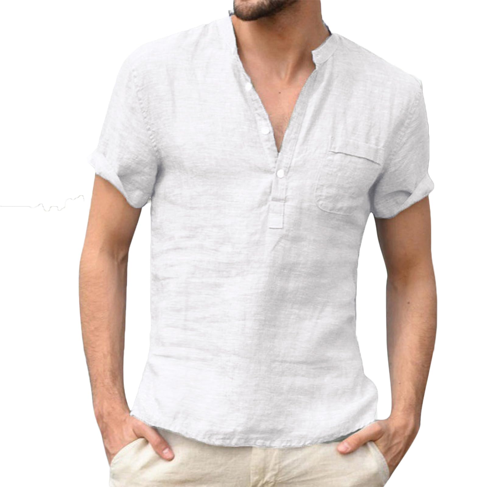 NIBESSER Camisa Lino Hombre Manga Corta Camisa Verano Hombre de Moda Camisa Cuello Mao Hombre Informal con Botónes Henley Shirt Transpirable para Vacaciones Mar Playa