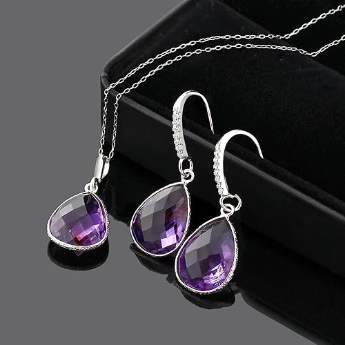 Miniatura 6 de Gem Stone King Juego de colgantes y aretes de plata de ley 925 con forma de pera de amatista para mujer piedra natal de 1950 quilates con cadena de