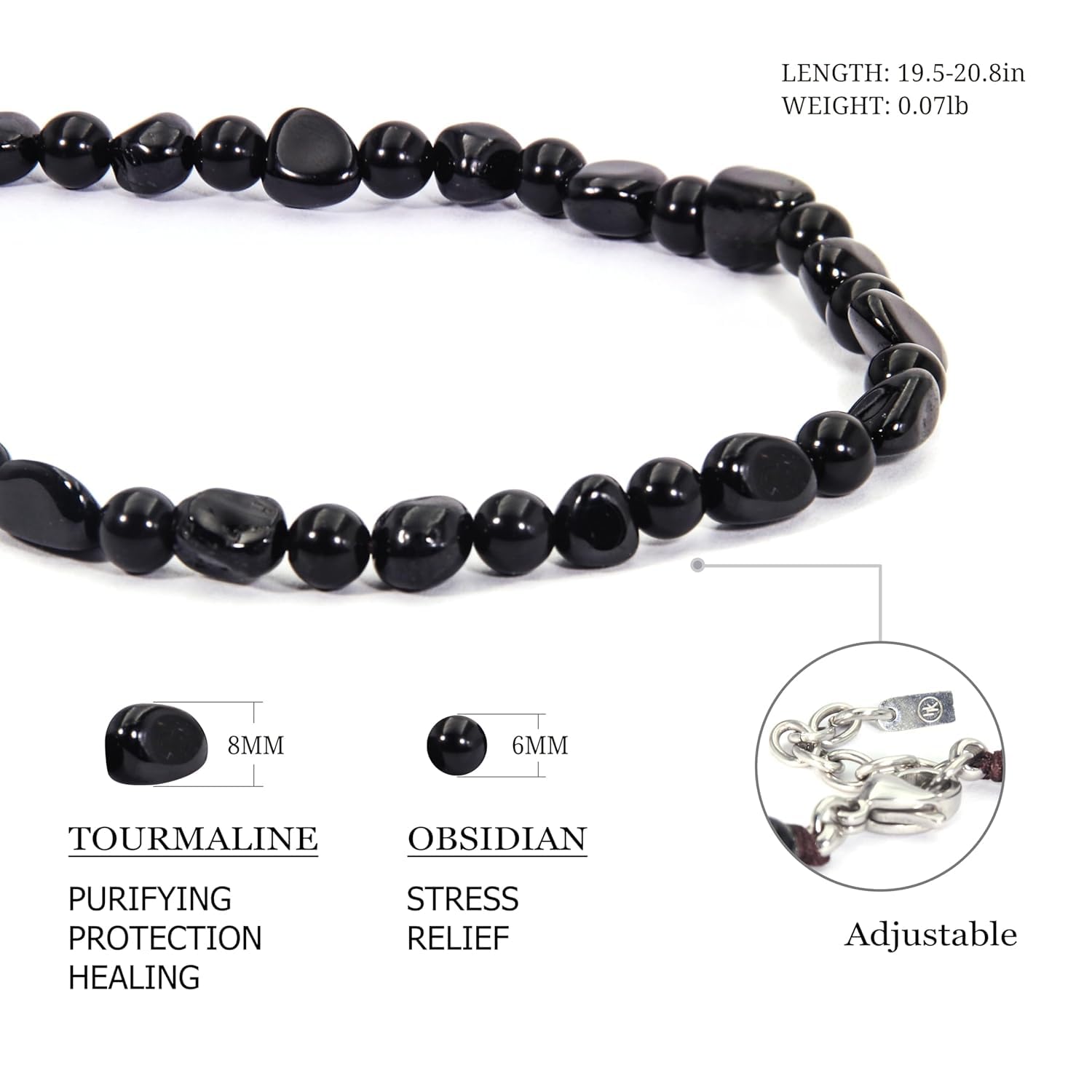 HASKARE Naturstein Perlenketten für Männer Echter Schwarzer Turmalin Obsidian Schutz Halskette Heilung Kristall Herren Halskette Einzigartige Perlen Halskette Ideal Geschenk für Vatertag Weihnachten
