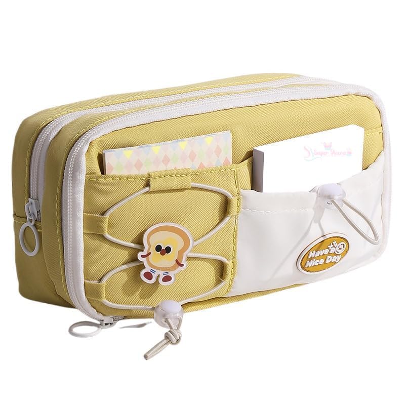 Image of Alokik Bread Yellow Pencil Pouch for Girls, Large Capacity Cheese Multi-Compartment Zipper Pencil Case with Front Pocket & Elastic Organizer, Cute Stationery Bag (Bread - Yellow)