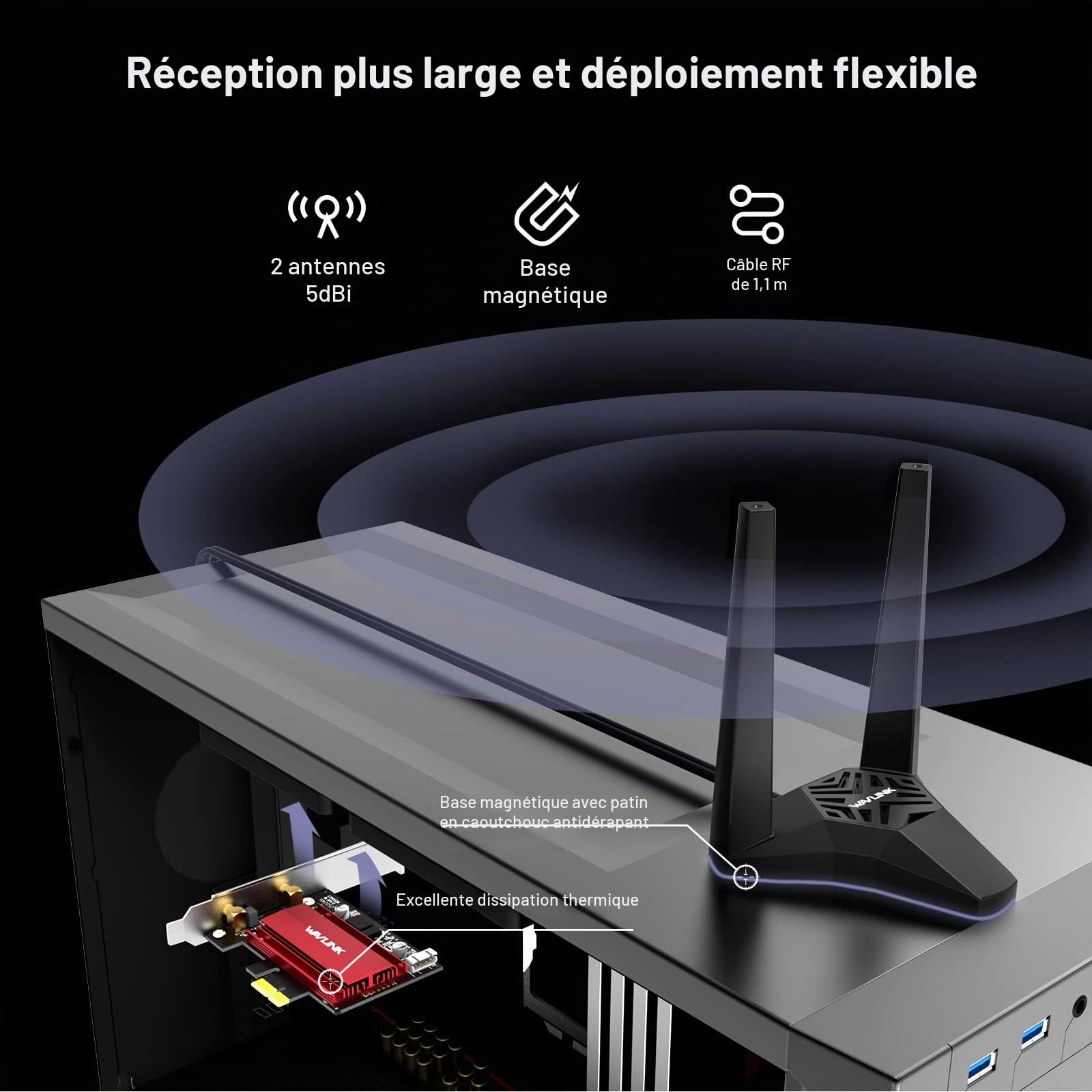 WAVLINK WiFi 6E AX5400M PCIe Network Card, Adaptateur sans Fil AX210 tri-Bande avec Bluetooth 5.3, MU-MIMO, WPA3, OFDMA, Support Bas Profil, dissipateur avancé, pour PC Windows 11/10