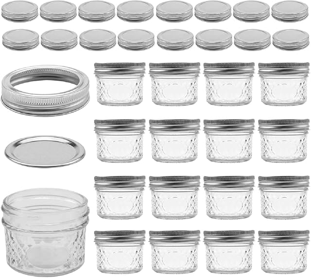 Tebery 16 Pack Mason Jars Canning Jars 4 oz (120 ml) Jelly Jars With Regular Lids and Bands, Extra 16 Lids Included