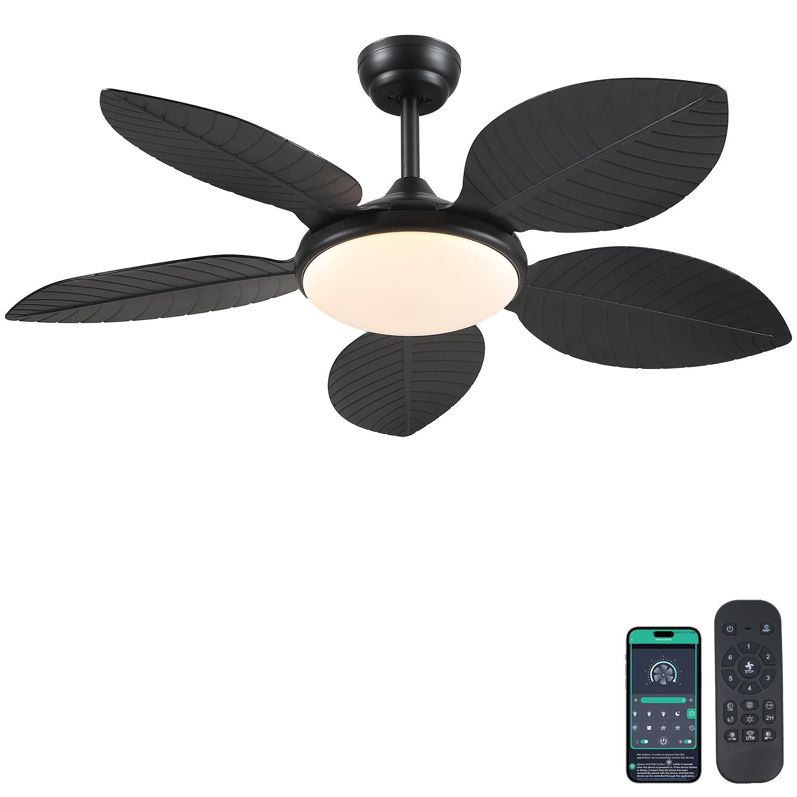 Wiviniya Ceiling Fans with Lights and Remote/APP Control, 48 Inch Tropical Ceiling Fan for Bedroom Living Room, Outdoor Palm Leaf Ceiling Fan for Patios Porch, Dimmable, 6 Speeds, Reversible, Black