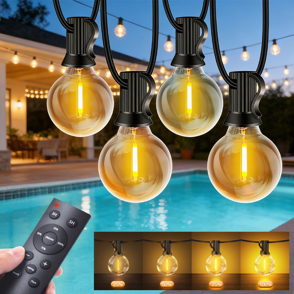 Pbgmrt Warm White Outdoor String Lights Mains Powered, Garden Festoon Light Dimmable Shatterproof G40 Led Bulbs With Remote Control, Ip44 Waterproof Outside 3 Modes & 2 Timer Settings For Pergola (100Ft/30M)