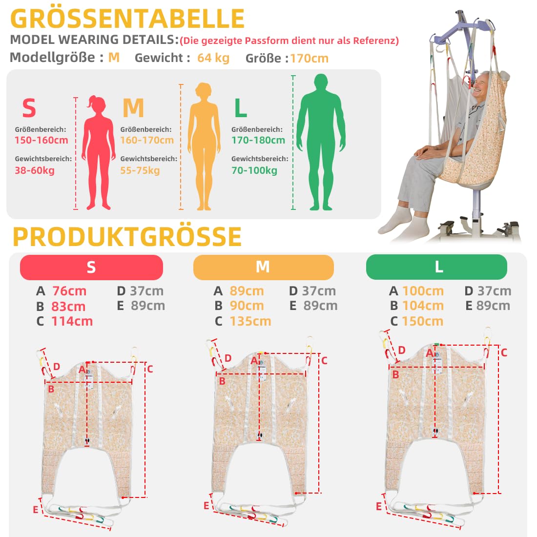 Patientenlift-Gurt mit geteilten Beinen und Kopfstütze, gepolsterter U-Hebegurt zum Transfer & Heben in Krankenhaus, Pflegeheim & Zuhause – Tragfähigkeit 500 lbs (Farbe Warm Blossom, Mittel)