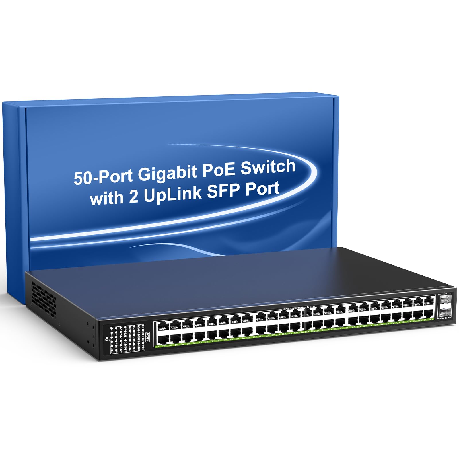 48-Port Gigabit PoE Switch Unmanaged with 2X 1000Mbps Uplink SFP Port, VIMIN 50-Port PoE Ethernet Switch Support IEEE802.3af/at, 400W Power, 100Gbps Switch Capacity?Plug and Play, Rack-Mount