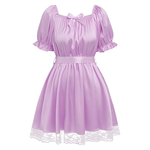 ABAFIP Sissy Mini Nightdress for Men Frilly Ruffle Square Neck Bowknot Lace Trim Satin Ruffle Nightdress - Purple - One Size