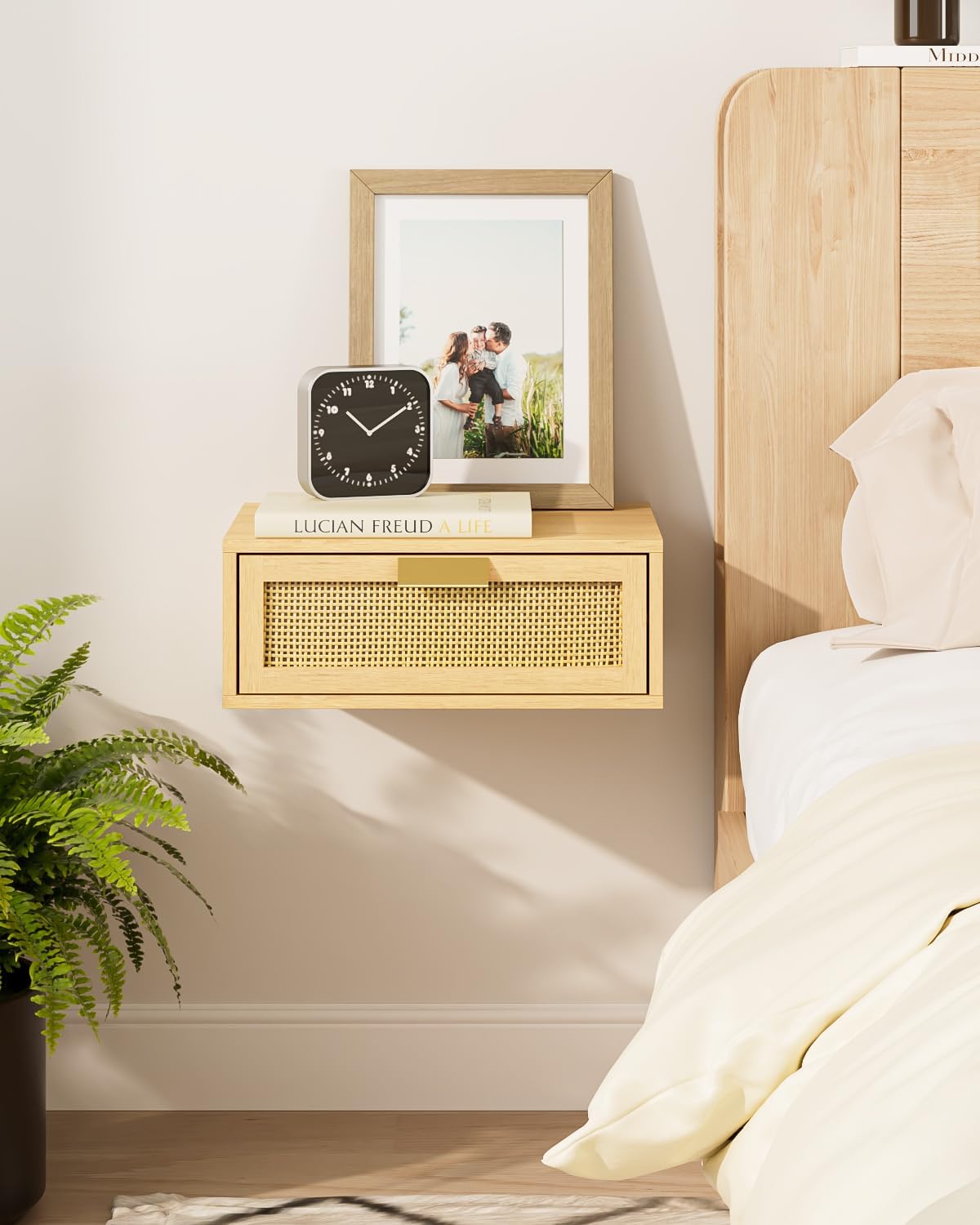 floating nightstand oak rattan - front view