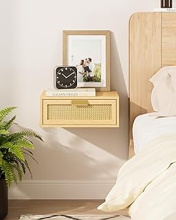 Floating Nightstand, Floating Shelf with Drawer, Wall Mounted Nightstand, Floating Bedside Table (Oak Rattan)