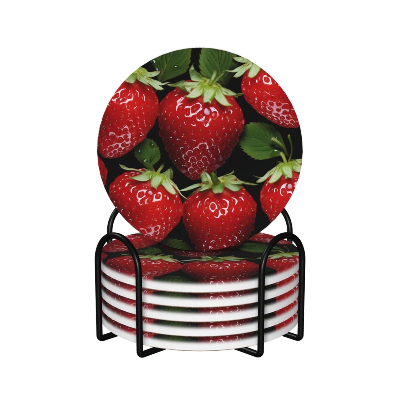 Dessous de verre ronds absorbants en céramique Lot de 6 avec liège et support motif fraise