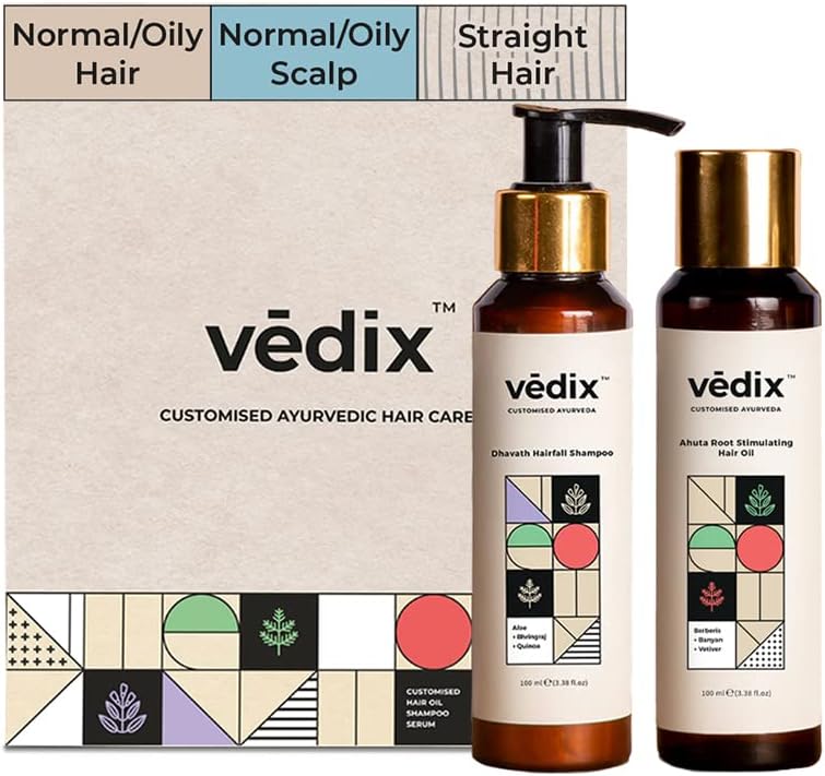 Vedix Ayurvedic Hair Care Combo Pack, Customized Anti Hair Fall Shampoo and Hair Oil for Normal/Oily Hair with Normal-Oily Scalp & Straight Hair - 200 ml