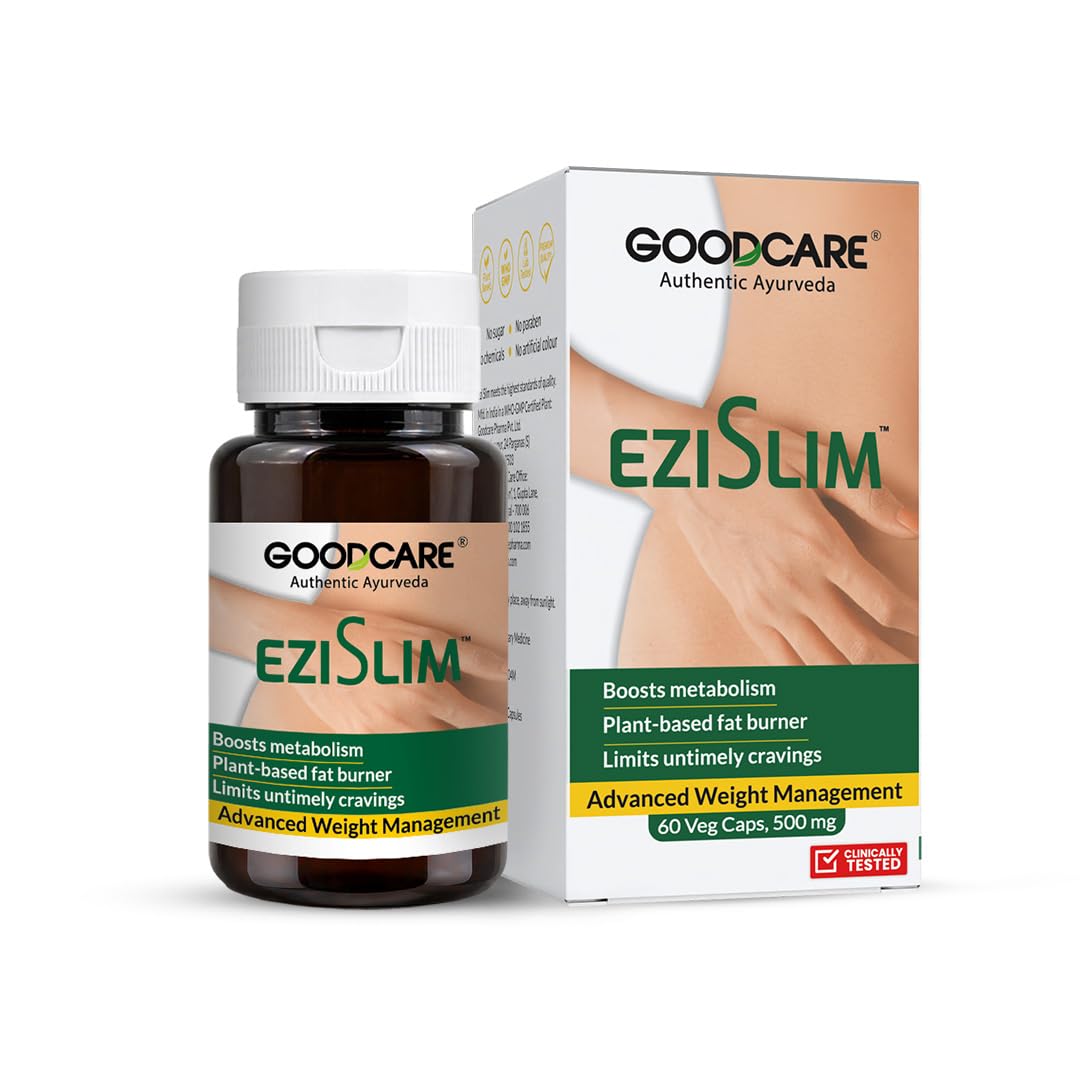 goodcare ezi slim 60 capsule| boost metabolism| limits hunger and burn excess fat| easy way for slimming| with guggul, kali mirch and lasun| enhances digestion| ayurvedic formulation for weight loss