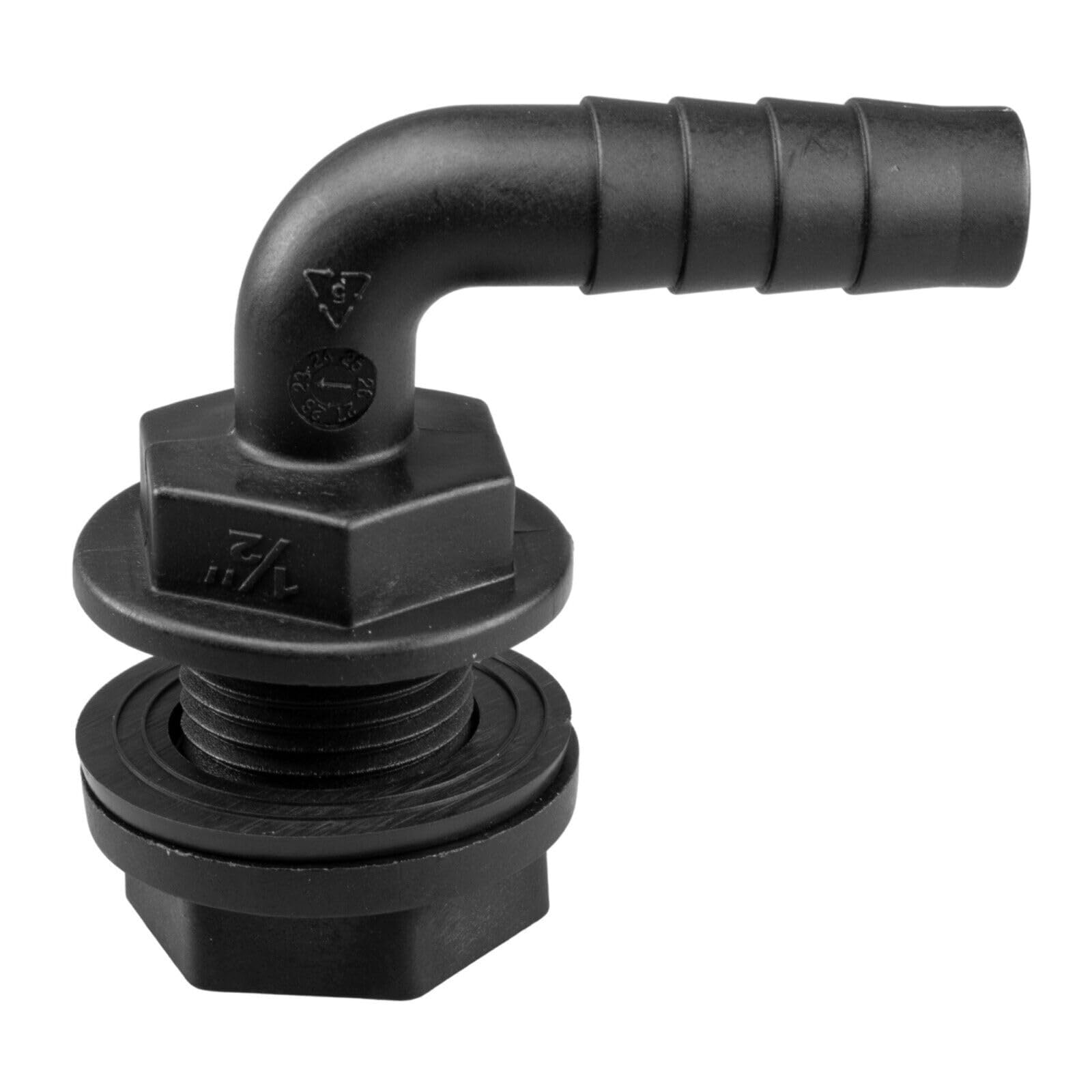 Water Butt Connector Adapter Tank Fitting 1/2" - 2" Barb Straight 90 Pipe Outlet (Elbow, 1/2")