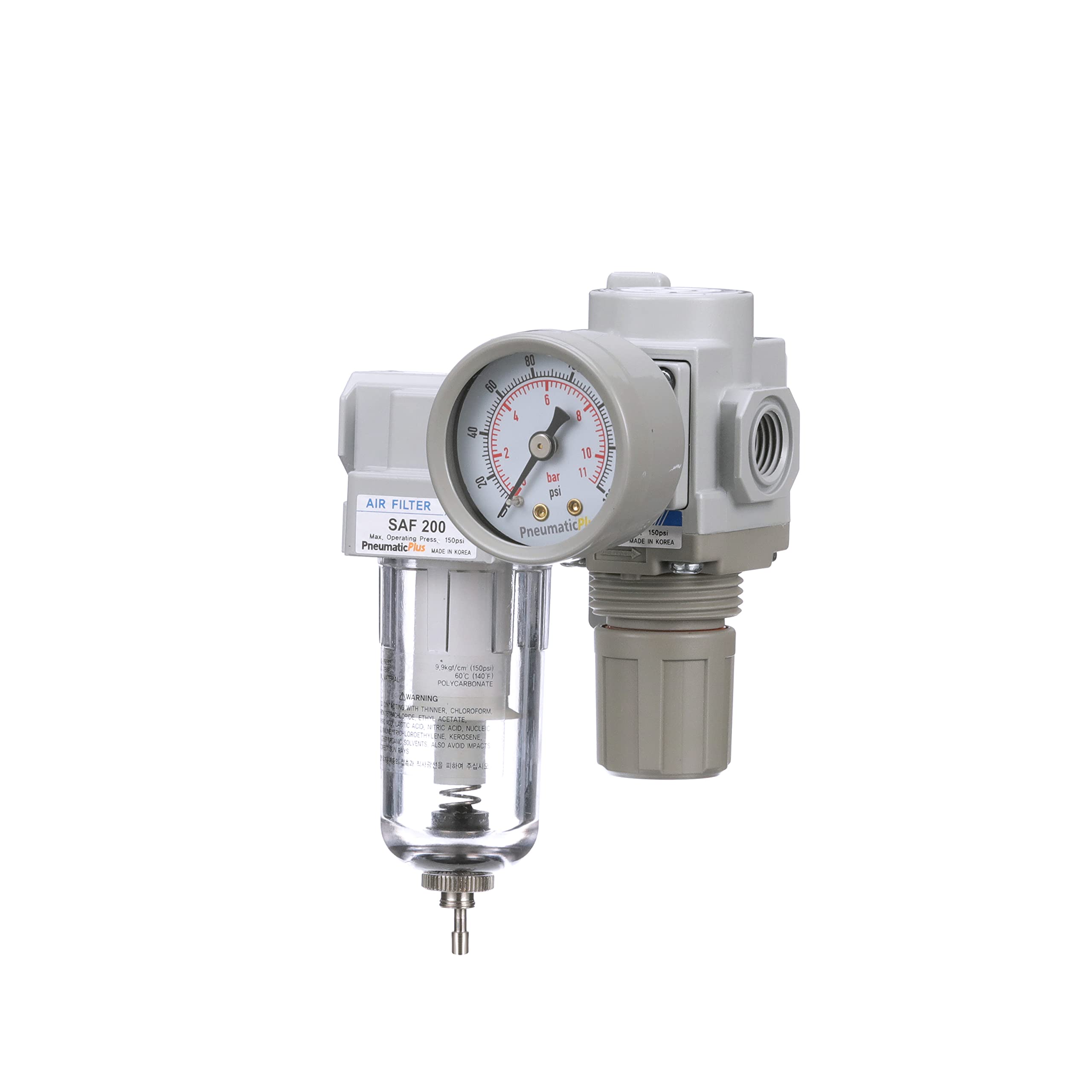 PneumaticPlus SAU220-N02G - Mini regolatore filtro aria compressa, 1/4" NPT – Poly Bowl, scarico manuale, staffa, manometro