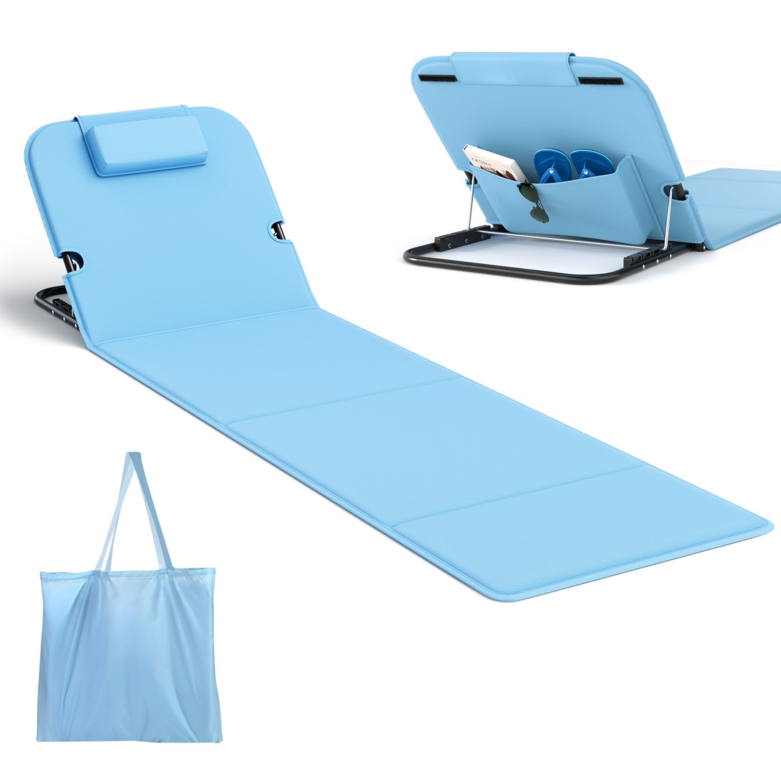 WildFun 165 X 55 cm Chaise de Plage Pliante Portable avec Sac de Transport, chaises de Plage à Haut Dossier en Maille pour Adultes, Chaise pour l'extérieur, Le Camping, Le Barbecue (1pcs, Bleu)