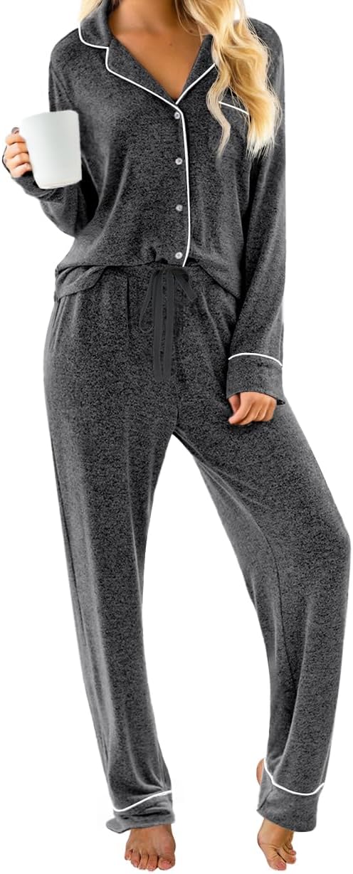 PrinStory Womens Pajama Sets Long Sleeve Pajamas Set Button Down Pjs Sets for Women 2 Piece Lounge Set