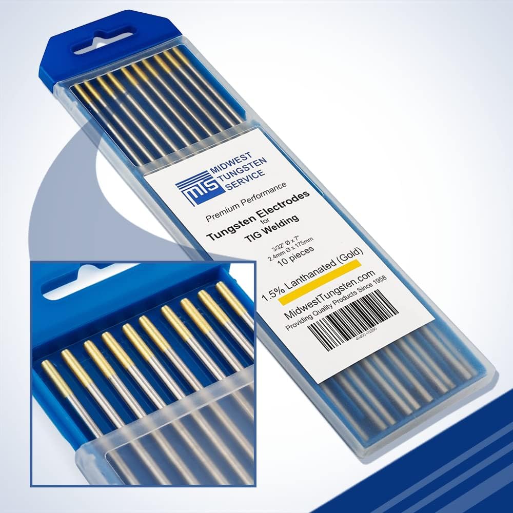 TIG Welding Tungsten Electrodes 1.5% Lanthanated 3/32 x 7 (Gold, WL15) 10-Pack by Midwest Tungsten Service
