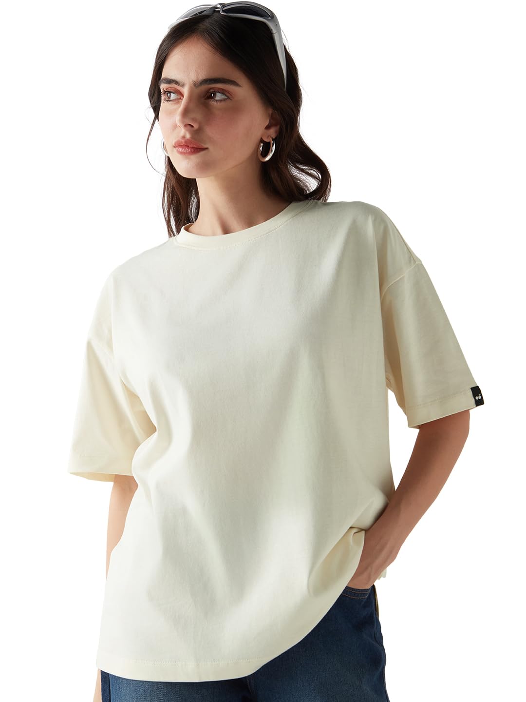 Bewakoof Women's Solid Oversized Fit Half Sleeve Round Neck Cotton Jersey T-Shirt-picture-10