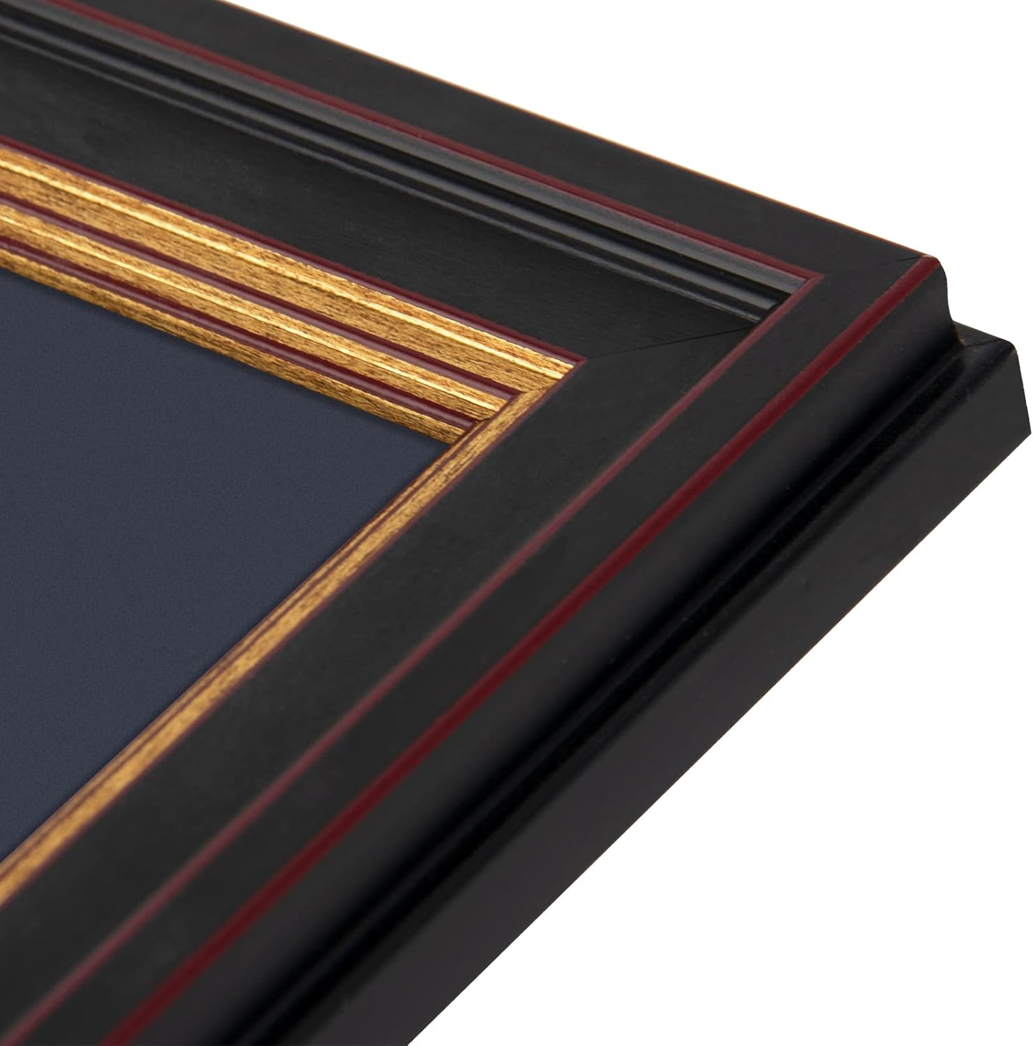 Golden State Art, 11x19.5 Diploma Frame for 8.5x11 Certificate and 5x7 Picture - 2 Openings - Black with Gold Trim and Burgundy Accents - Navy Blue Over Gold Double Mat - Real Glass - Wall Mount