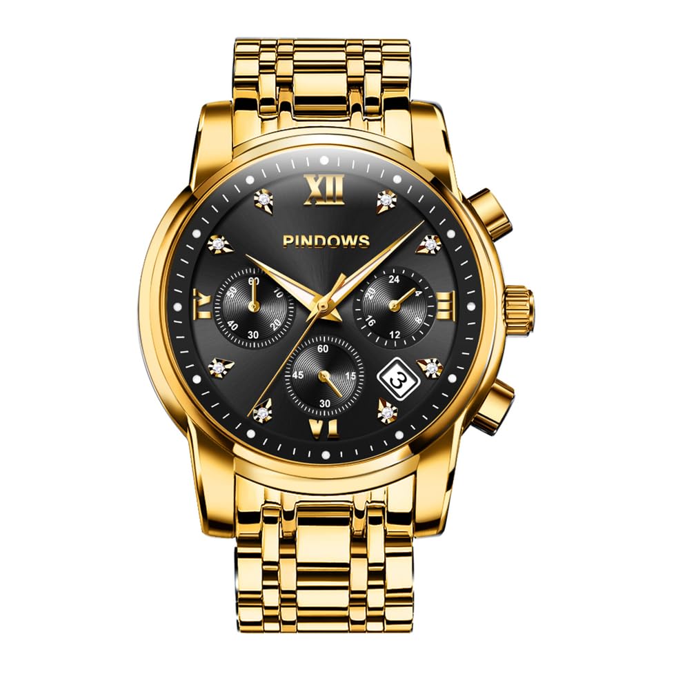 PINDOWS Herrenuhren Luxus Quarz-Analoguhr Datumsanzeige und großem Ziffernblatt wasserdichte modische Business-Armbanduhr Elegante zweifarbige Edelstahl-Klassiker-Herrenuhr mit beleuchtetem Kalender