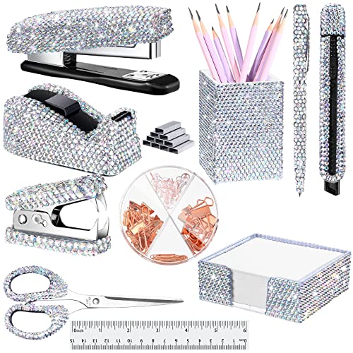 Teling 10 Pcs Bling Office Accessories for Desk Bling Crystal Office Supplies Set Desk Accessory Kit Glitter Stapler Staple Remover Tape Dispenser Diamond Pen Scissors for Women Home(Silver)