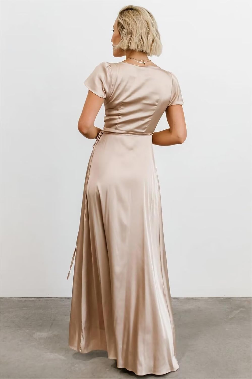 Satin Bridesmaid Dresses for Women Long Short Sleeves Wrap Formal Dress with Slit