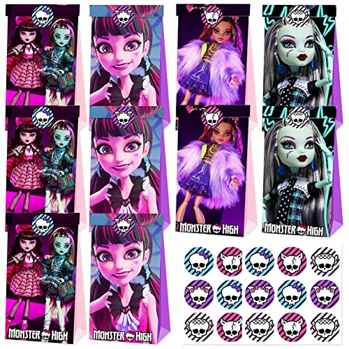Babioms Lot de 12 sacs cadeaux d'anniversaire d'enfant Monster High Party en papier Monster High Party Sacs cadeaux Petits Monstres High Party Favors Sacs à bonbons Monster High