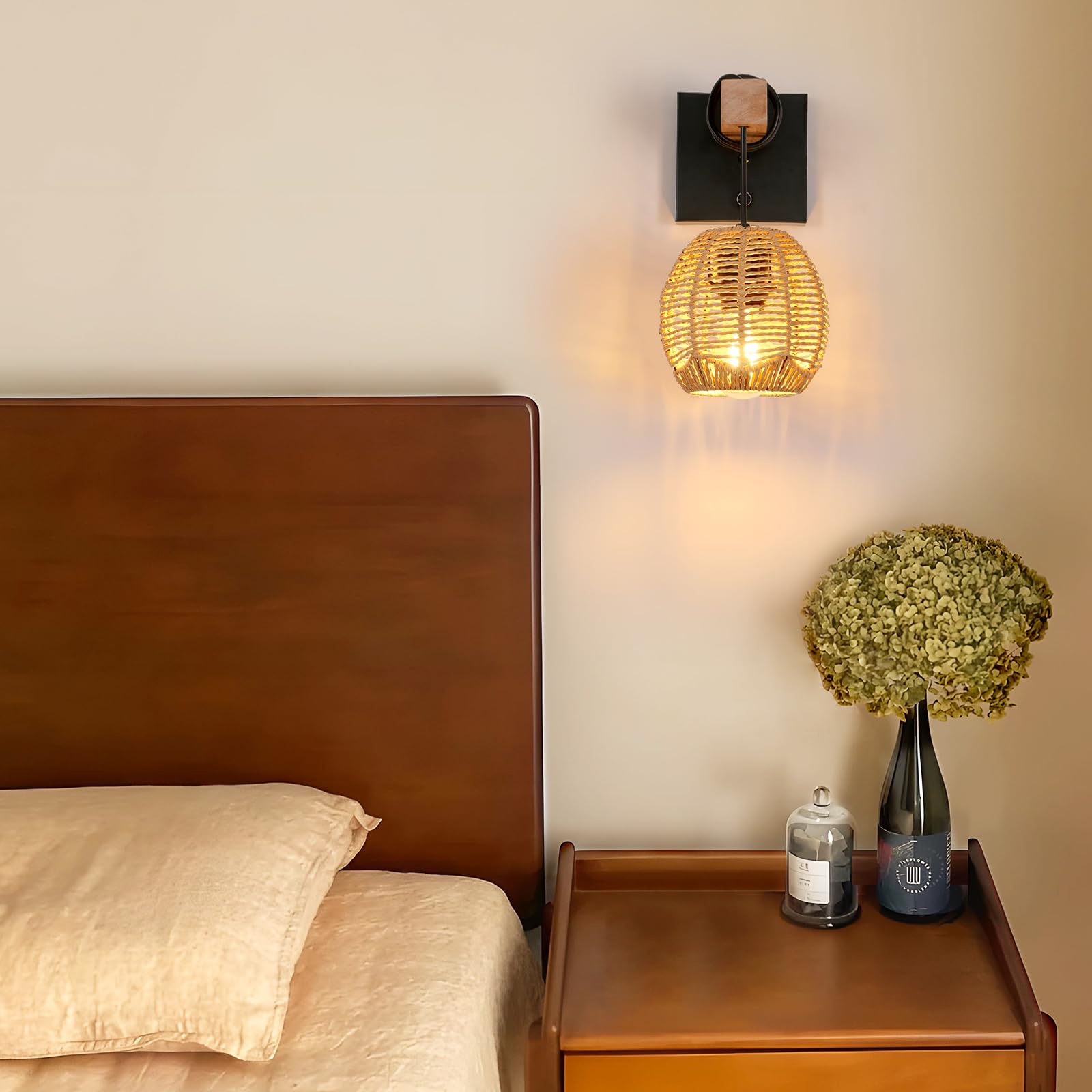 E27 Aplique de Pared de Ratán con Interruptor Ø14CM (Sin Bombillas) | Lámpara de Pared Interior E27, Madera y Ratán Luz de Pared Retro para Dormitorios Salas de Estar Salón