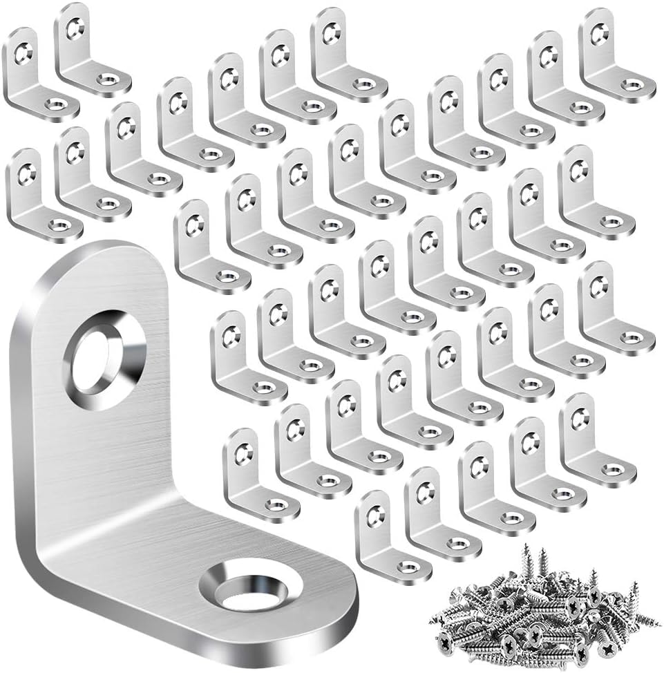 60PCS L Bracket Corner Brace, Stainless Steel L Brackets for Shelves, Metal Corner Bracket, Small Right Angle Bracket for Wood Furniture Chair Drawer Cabinet with 120PCS Screws (0.79 x 0.79 inch)