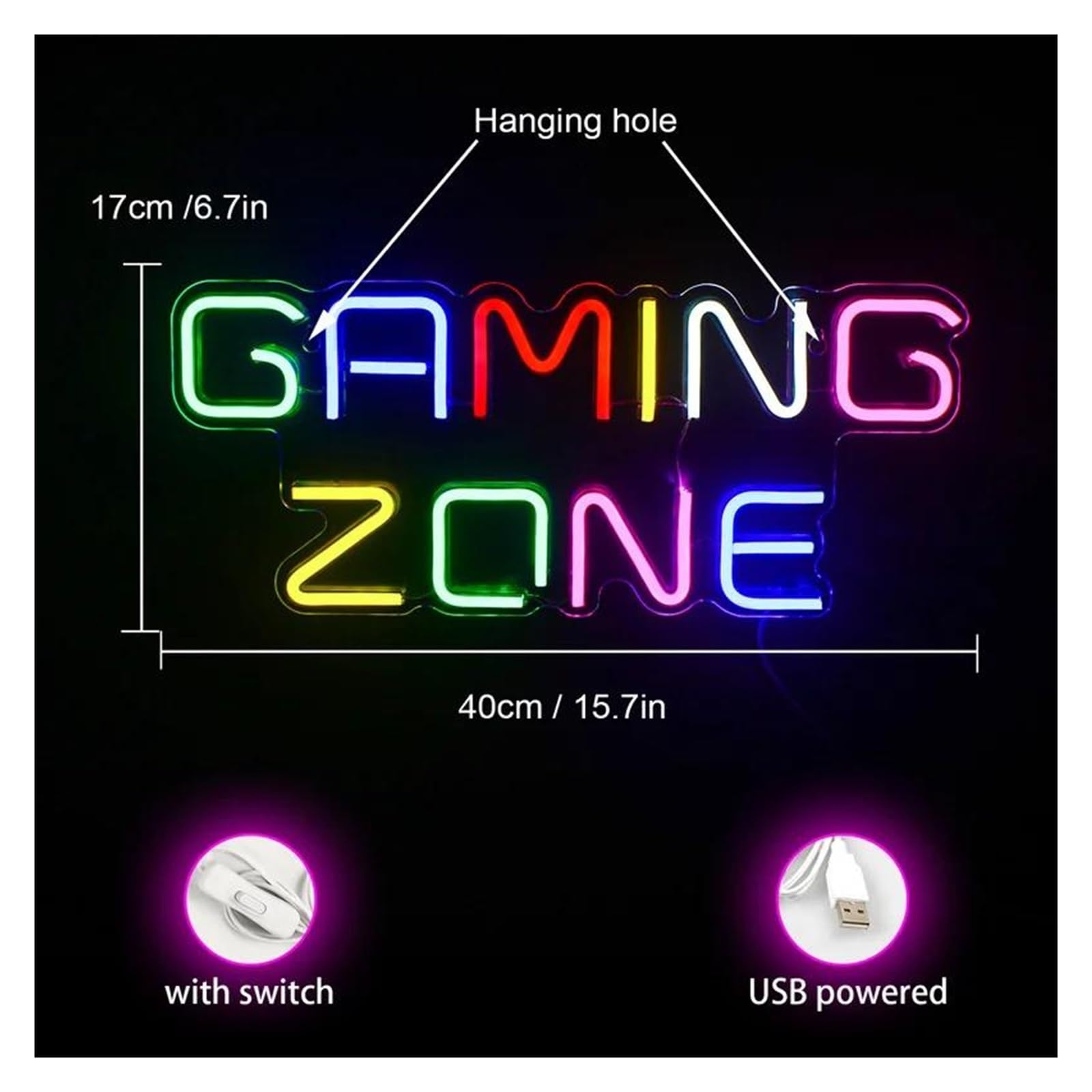 Decoración Lámparas Letrero De Neón GAMING ZONE Lámpara USB Regulable, Decoración De Sala De Juegos Para Fiesta En Casa, Club, Bar, Tienda, Luces De 40cmх17cm
