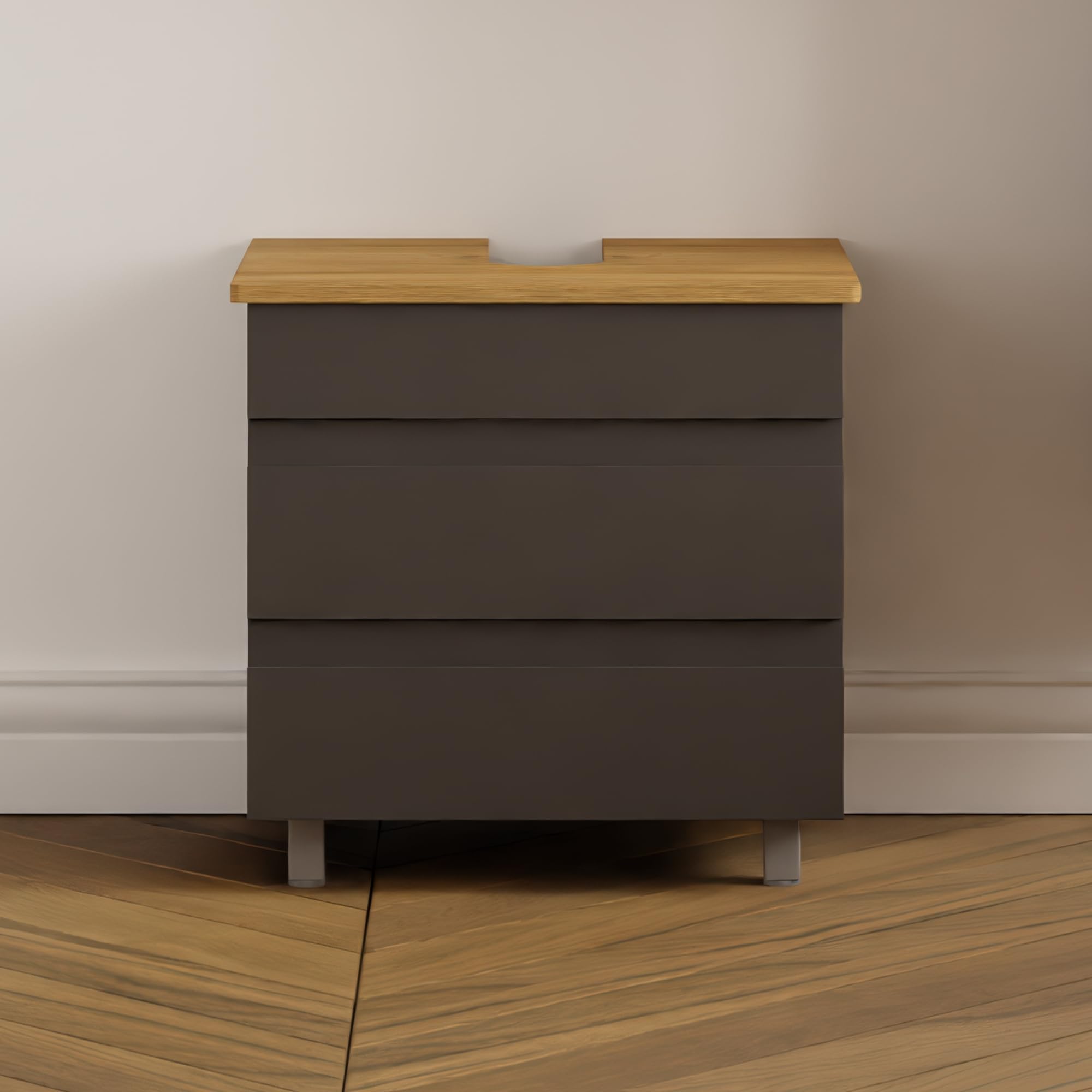 Karen Waschbeckenunterschrank Lara 60 cm | Steh-Unterschrank | Badmöbel anthrazit | Konsole mit Siphonausschnitt | Minimalistisch | Gäste-Badezimmer (Lara 60 Eiche)