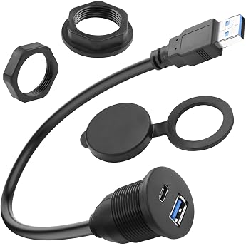 QIANRENON 2 in 1 USB 3.0 to USB 3.0 & USB C Thread Fixed Mounting Adapter Short Cable 5GBps Type A Male to A + C Female Embedded Mount 1 in 2 Connector 5V3A for Car/RV Dashboard 30 cm