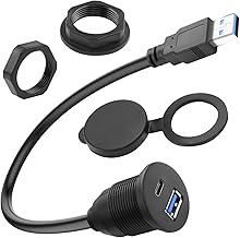 QIANRENON 2 in 1 USB 3.0 to USB 3.0 & USB C Thread Fixed Mounting Adapter Short Cable 5GBps Type A Male to A + C Female Embedded Mount 1 in 2 Connector, 5V3A, for Car/RV Dashboard, 30 cm